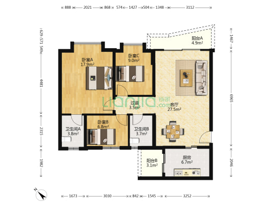 西溪花园 3室1厅2卫 90平方