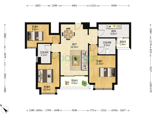 恒大珺庭 3室1厅2卫 108平方