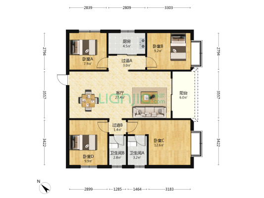 沙坦南路 4室1厅2卫 110平方