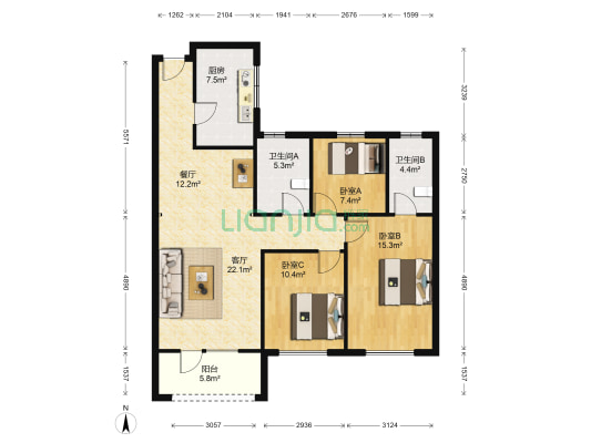富力金禧城 3室2厅2卫 124平方