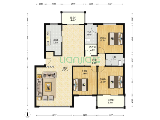 双麒公寓 3室1厅2卫 132平方