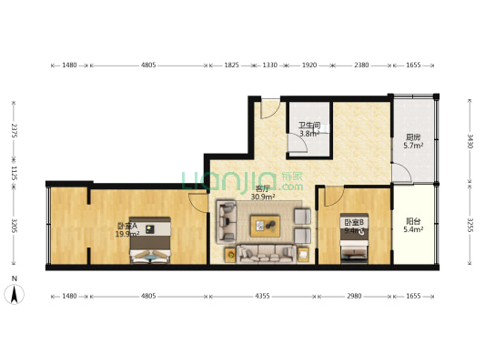 迎泽区委 2室1厅1卫 80平方