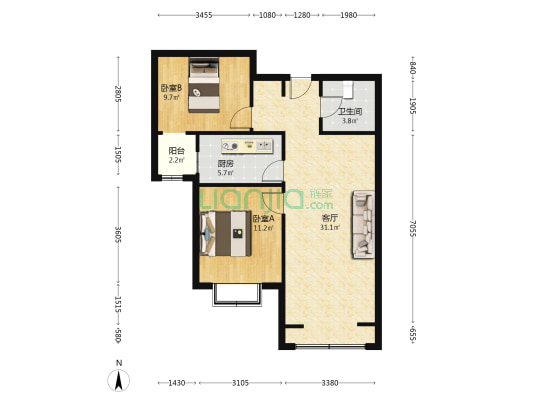 户型方正两居室 全天采光无遮挡 位置好 视野开阔-户型图