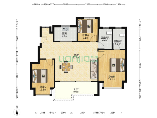 九龙湖金茂悦 3室1厅2卫 108平方