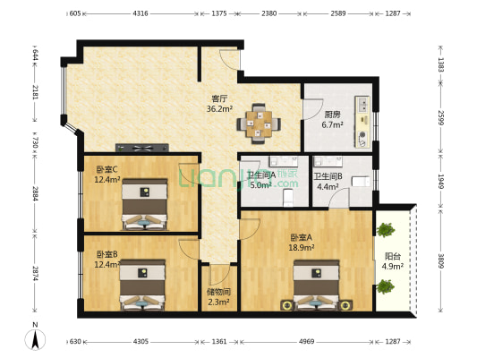 翔宇花园 3室1厅2卫 122平方