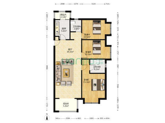 东原逸墅 3室1厅2卫 118平方