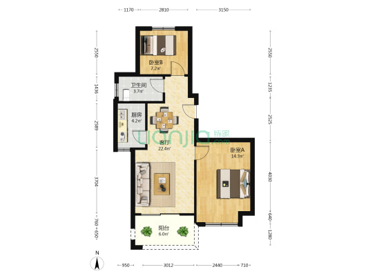 东华苑 2室1厅1卫 85平方