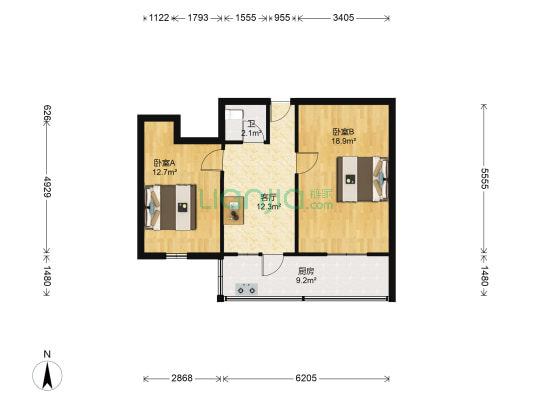 毛条小区 2室1厅1卫 61平方
