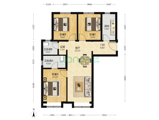 中海汇智里 3室1厅2卫 107平方