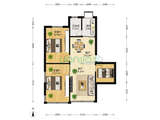宏海商住区 3室2厅1卫 66平方