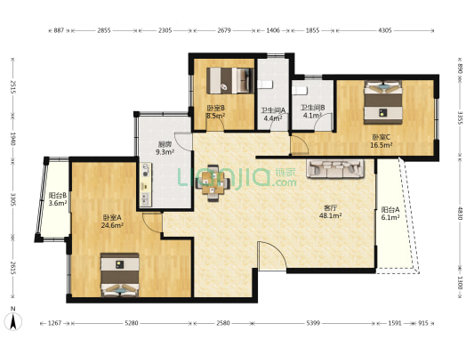 威龙花园 3室1厅2卫 137平方