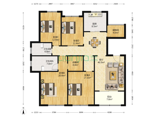 中星城际广场鼎苑 4室1厅2卫 152平方