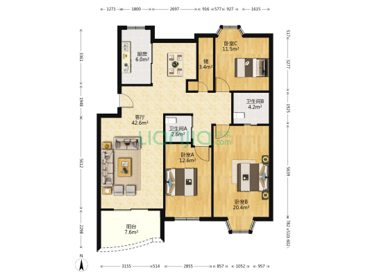 鼎盛花苑 3室1厅2卫 126平方
