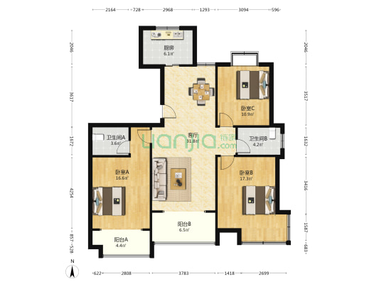 人才公寓 3室1厅2卫 130平方
