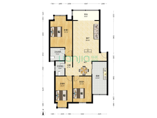 凤凰居 3室1厅2卫 131平方