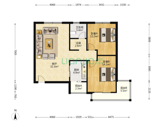 郑安花园小区 2室1厅1卫 96平方