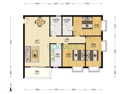 乐韵居 3室1厅2卫 123平方