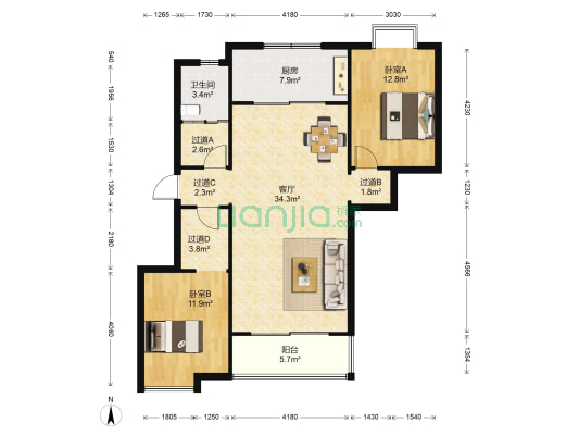 隆基花园 2室1厅1卫 119平方