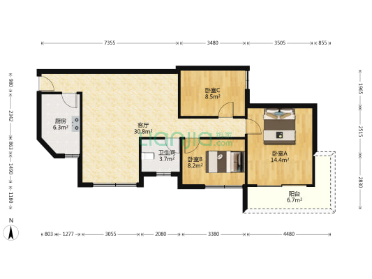 富景花园 3室1厅1卫 108平方