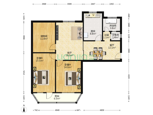 一小家属院 2室2厅2卫 104平方