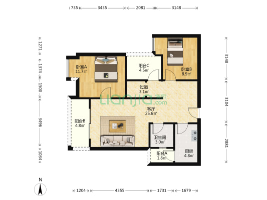 海成长江之星C区-Ⅱ 2室1厅1卫 83平方