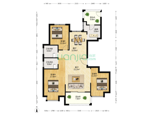 虹港花苑 3室2厅2卫 140平方