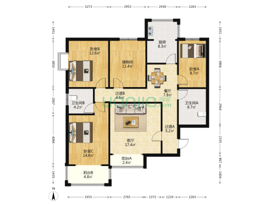 下元二小区B区 3室2厅2卫 150平方