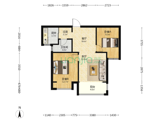 江南锦苑 2室2厅1卫 81平方