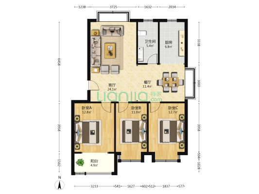 福临居住宅 3室2厅1卫 109平方