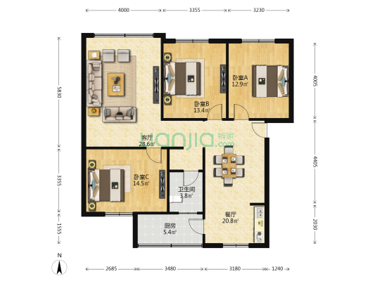 兴龙横街34号 3室2厅1卫 116平方