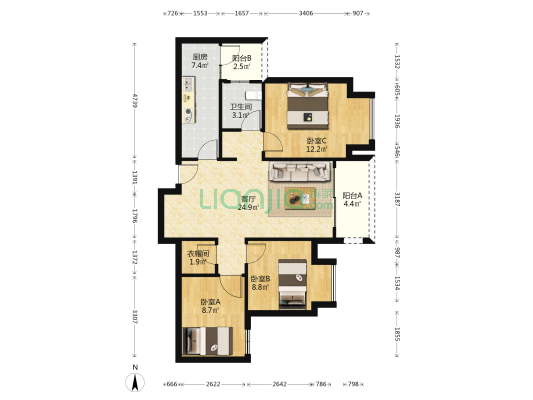 龙湖康田麓宸（四期） 3室1厅1卫 90平方