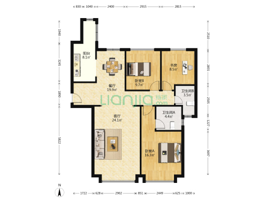 百源国际公寓 3室2厅2卫 127平方