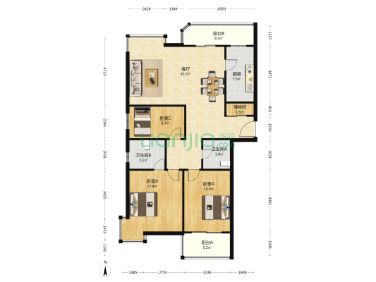 瑞嘉公寓 3室1厅2卫 145平方