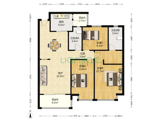 恒大龙珺 3室1厅2卫 133平方