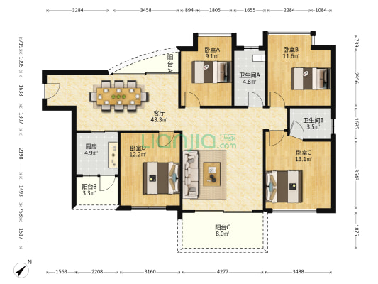 康盈商贸广场 4室1厅2卫 123平方