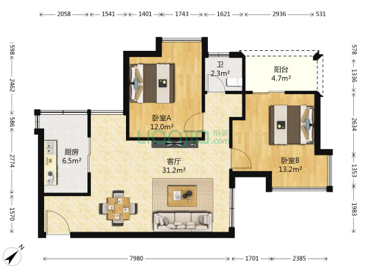 中环品悦 2室1厅1卫 82平方
