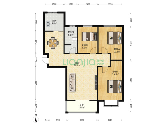 锦城水岸 3室1厅1卫 129平方