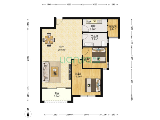 清华大溪地五号院 2室1厅1卫 94平方