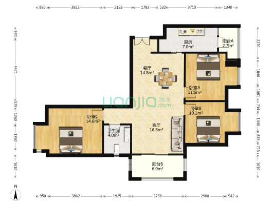 中海万锦城(三期) 3室2厅1卫 110平方