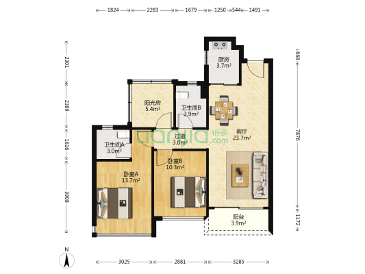 信业郡城 2室1厅2卫 88平方