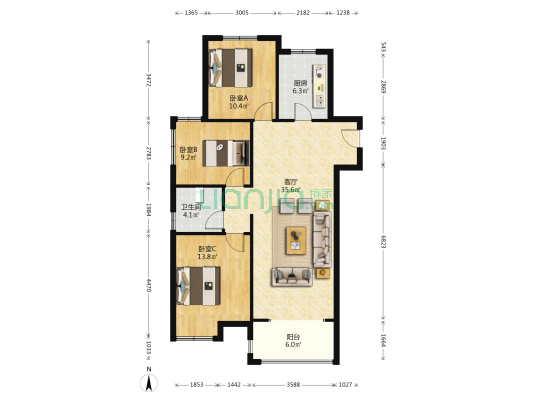 华彩唐人街壹号 3室1厅1卫 114平方