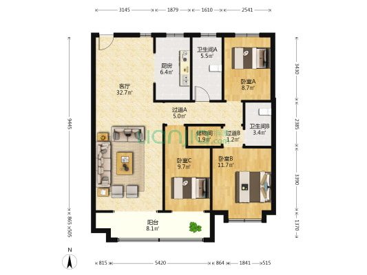 绿地·山大静园 3室1厅2卫 132平方