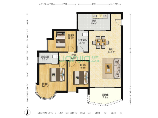 水岸花都 3室1厅2卫 104平方