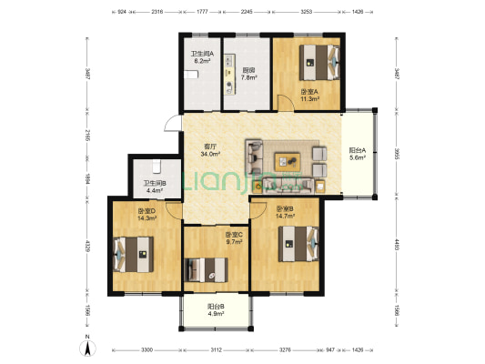 育秀八区 4室1厅2卫 136平方