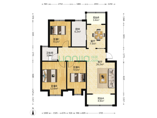 上海国际花园 3室2厅1卫 106平方