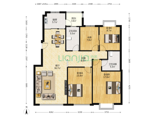 桃李家园北厢苑 4室1厅2卫 137平方