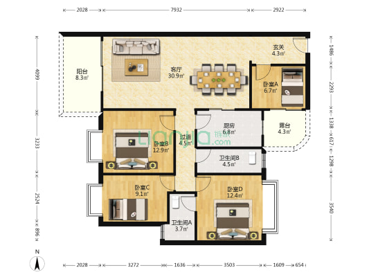颐景明珠 4室1厅2卫 128平方