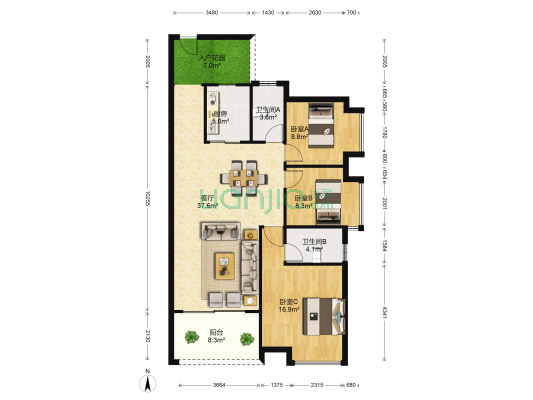 浩盛嘉泽园 3室1厅2卫 113平方