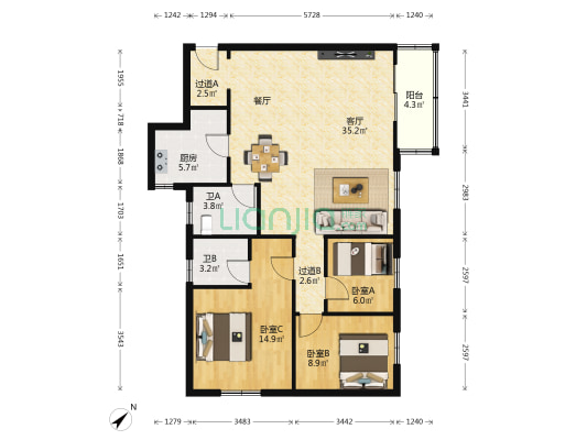 中保大厦-柠溪 3室1厅2卫 115平方