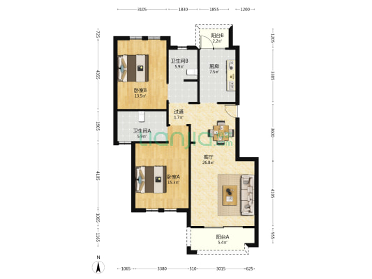 东屏湖9号 2室1厅2卫 102平方